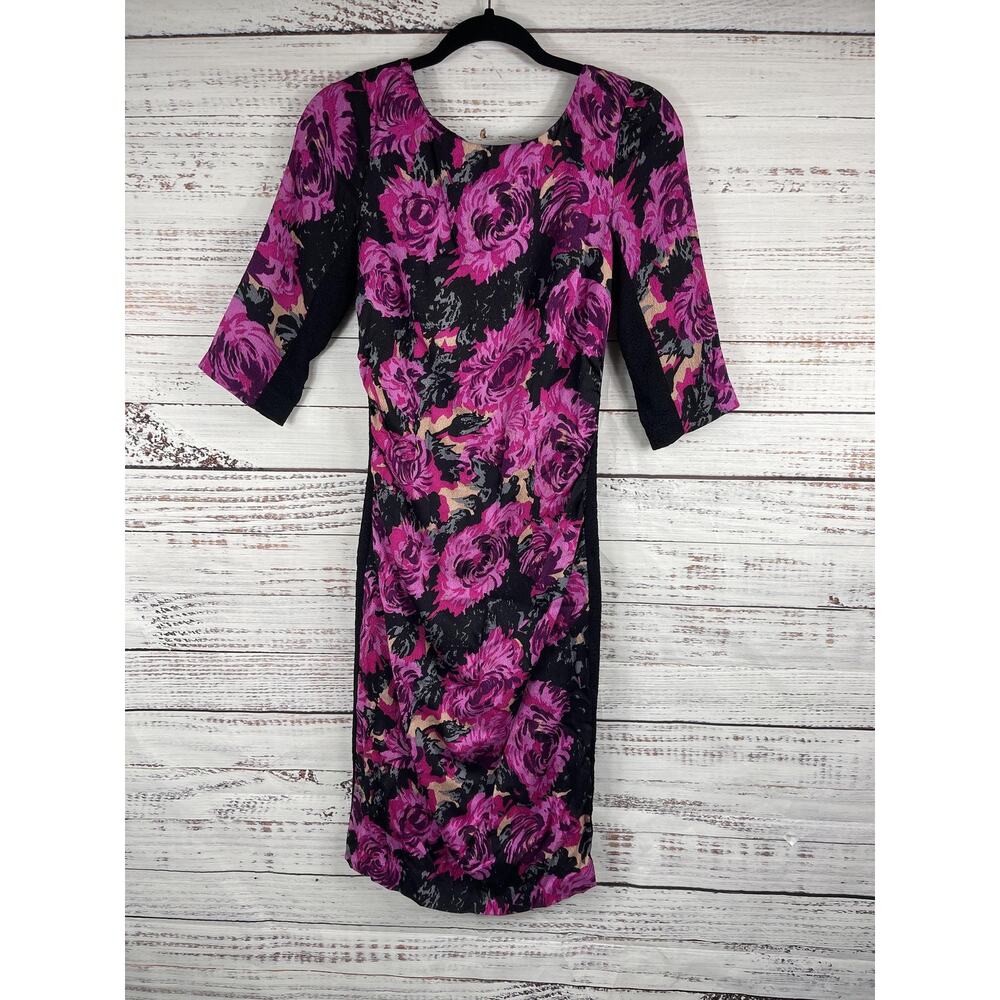 Tracy Reese Dress Women's 6 Pink Black Floral Silk Blend Sheath 3/4 Sleeve Midi
